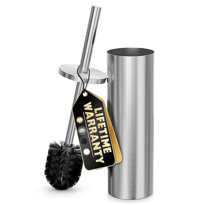 Stylish Stainless Steel Toilet Brush and Holder Set - Silver Toilet Bowl Brush and Holder with Splash Cover, Sturdy Bristles, Corrosion & Scratch Resistant - Elegant Design, Effective Deep Cleaning
