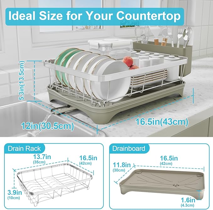 Dish Drying Rack - 304 Stainless Steel Dish Rack, Adjustable Spout Auto-Draining Dish Drainers for Kitchen Counter, Large Capacity for Bowls, Cups, Dish Drainer with Drainboard Grey