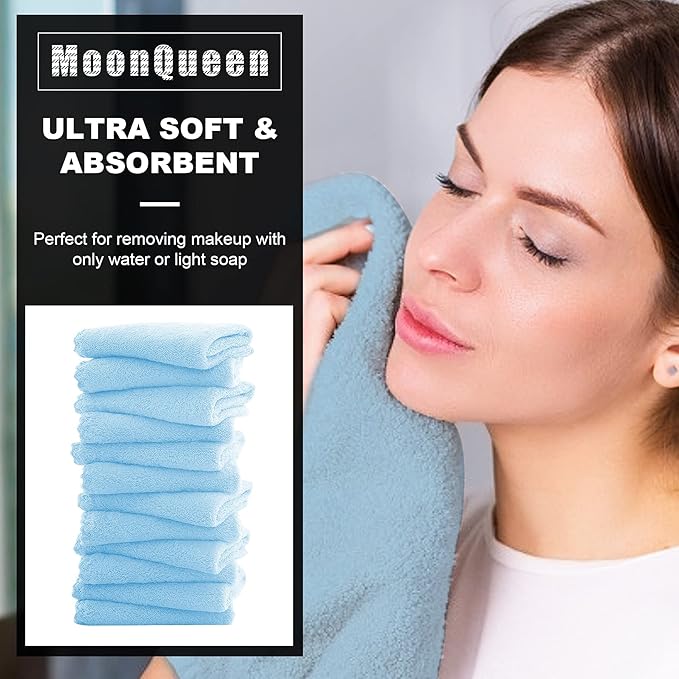 MOONQUEEN Microfiber Facial Cloths Fast Drying Washcloth 12 Pack - Premium Soft Makeup Remover Cloths - Aquamarine