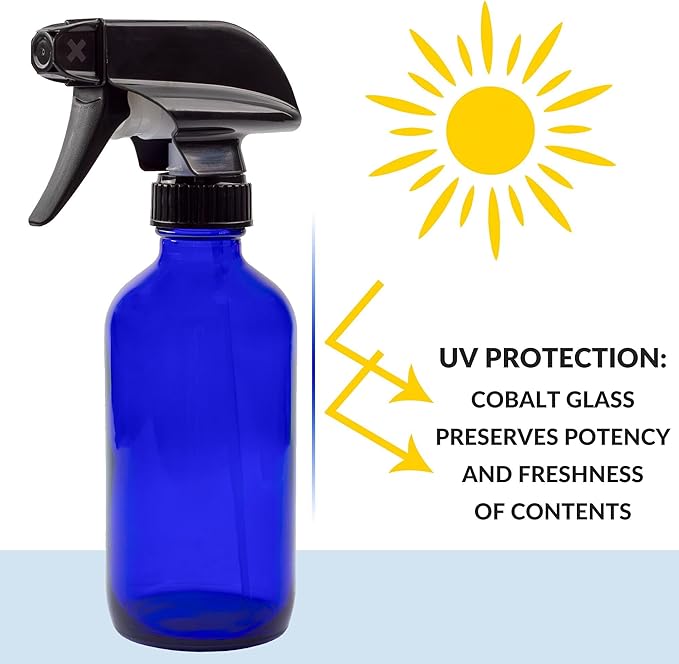 Cornucopia Brands 8-Ounce Cobalt Blue Glass Boston Round Spray Bottles (2 Pack) 3-Setting Heavy Duty Sprayers, Empty Refillable Bottle