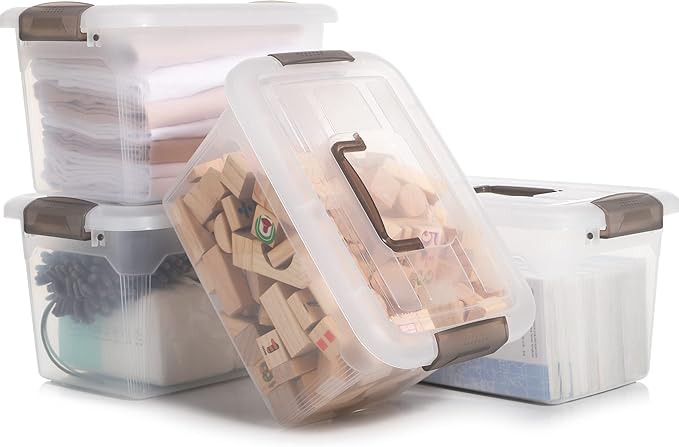 Citylife 4 Packs 8.5 QT Storage Bins with Lids Clear Plastic Bins with Grey Handle Stackable Storage Containers for Organizing