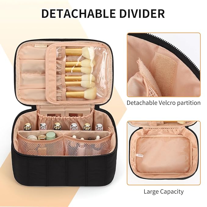 OCHEAL Black Makeup Bag - Portable and Spacious Cosmetic Organizer for Women's Travel with Handle, Divider, Large Capacity for Girls on the Go-Black