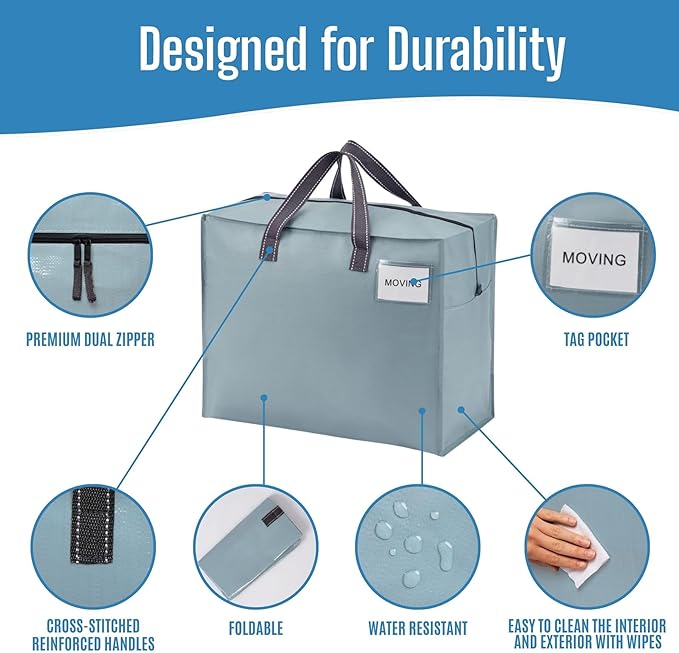 VENO 4 Pack Heavy Duty Moving Bags, Storage Bags, Packing Supplies, Top Zipper, Storage Totes for Camping, Clothes, Bedding, Comforters, Pillows (13 Gallon Light Blue, 4 Pack)