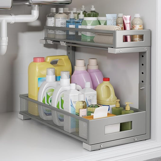 1 Pack 17IN Depth Under Sink Storage Organizer, Large 2-Tier Elegant Mesh Pull Out Shelf for Kitchen and Bathroom Cabinet Organization