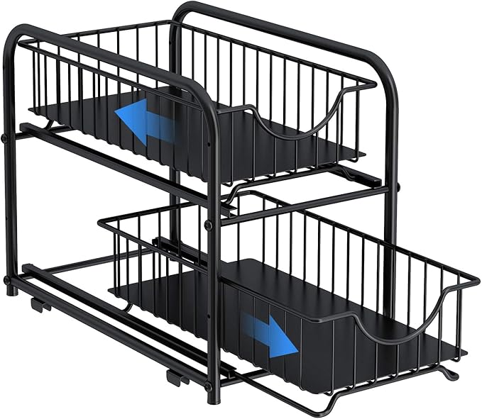 AIYAKA Pull-out Cabinet Organizer, Stackable 2-tier Under Sink Rack, with Sliding Storage Drawer for Pantry, and Desktop, for Bathroom, Kitchen, Office, Black