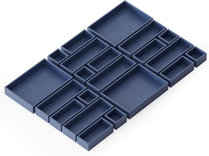 SpaceAid 21-Piece Bamboo Drawer Organizer Storage Boxes Set, Wood Tray Junk Drawer Organizers Multi-Use Divider Bins for Kitchen, Bathroom, Office Desk and Makeup Organization (21 Pack, Navy Blue)