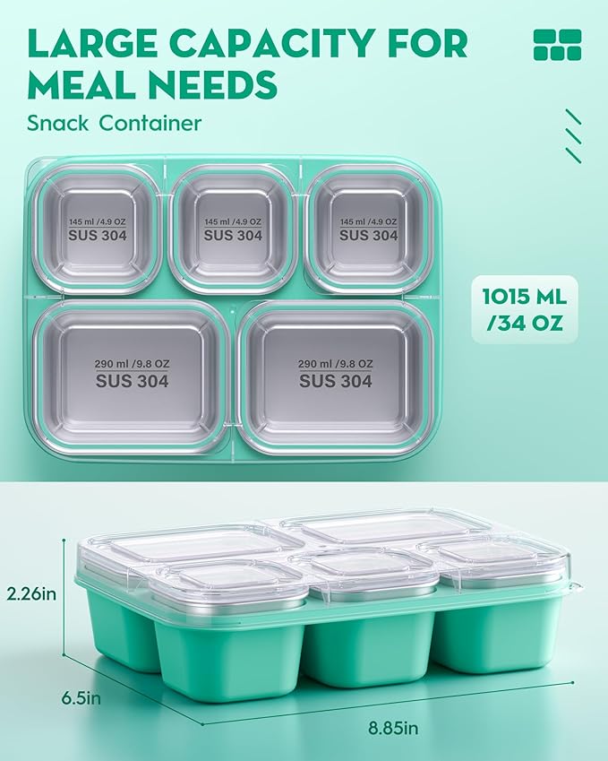 BiuLeon Snackle Box Containers, Stainless Steel 5 Compartments Divided Serving Tray with Lid