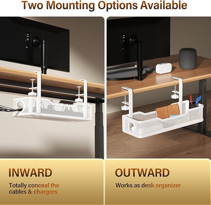 Under Desk Cable Management Large, Cinati 16" Cable Management Box for Table Thickness up to 3", Wire Cord Organizer with Clamp No Drill, No Damage to Desk (White)