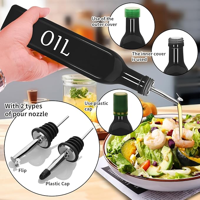 Olive Oil Dispenser Bottle,2 Pcs 17oz 500ml Glass O il and Vinegar Dispenser Set with 2 Stainless Steel Pourers, 8 Labels,Funnel Vinegar Bottles for Kitchen (Black)