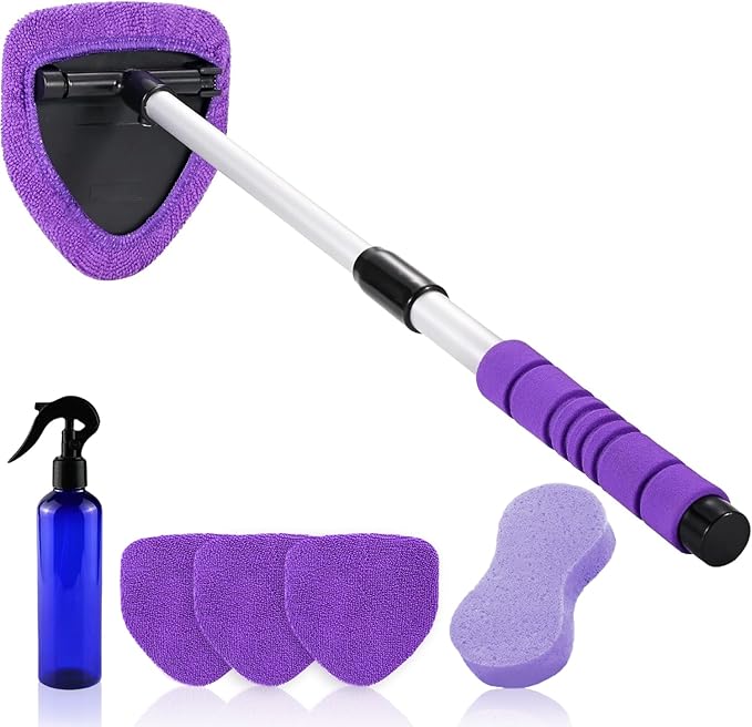 XINDELL Windshield Cleaner Tool – 24 inch Pink Car Interior&Exterior Window Cleaning Kit with Extendable Handle & 4 Microfiber Pads