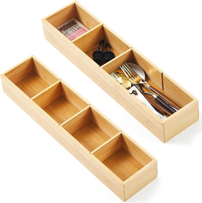 2 Pcs Bamboo Drawer Organizer with 3 Removable Dividers 17.5 x 4 x 2.5 Inch