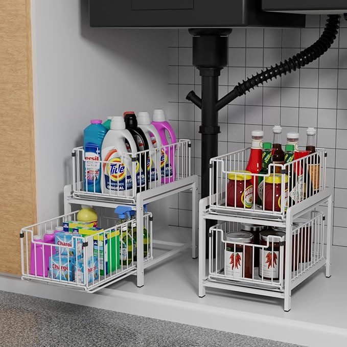 2 Tier Sliding Basket Drawer Organizer, Lxmons Pull Out Under Sink Cabinets Organizers, Metal Home Shelf for Bathroom or Kitchen, Sliding Countertop or Pantry Storage Shelf, Large White