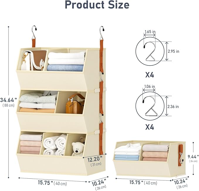 Hanging Closet Organizer Extra Large, Clothes Hanging Shelves for Closet with Divider, Collapsible Closet Storage System, Fabric Storage Bins for Home