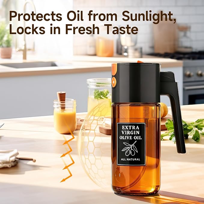 500ml Black Oil Sprayer and Dispenser, 2-in-1 Glass Spray Bottle for Air Fryer, BBQ, Salad, Baking, Refillable Leak-Resistant Oil Mister