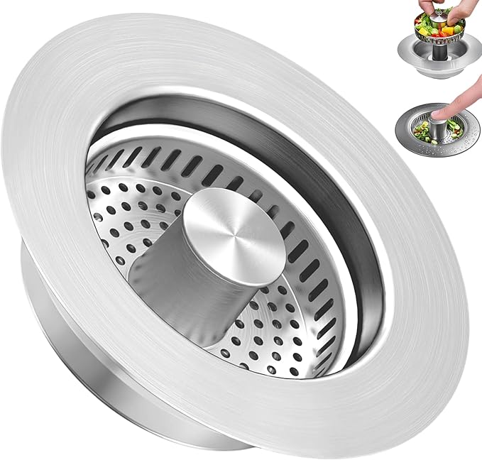 3-in-1 Kitchen Sink Drain Strainer & Stopper, Stainless Steel Food Catcher Plug with Filter Basket, Fits 3-1/2 Inch Drain Hole, Universal Sink Protector Cover, Anti-Clogging, Silver (1, Sus304)