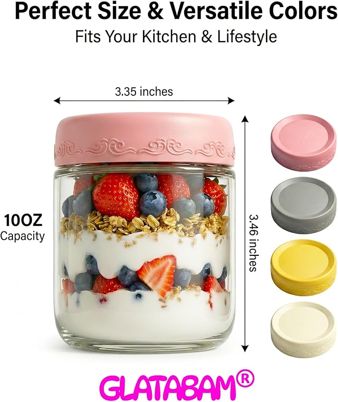 10 OZ 4Pack, Overnight Oats Jars with Lids, Glass Meal Prep Containers, Airtight Mason Jars for Breakfast, Yogurt Parfait, Salad & Smoothies