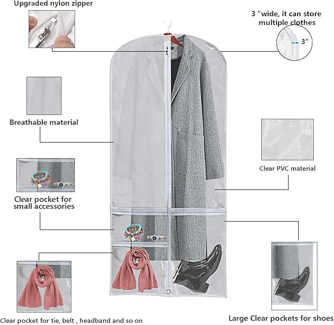 WJWSKI Clear Garment Bags for Hanging Clothes,50 Inch Waterproof Garment Bag for Travel,Clothing Cover Storage Bags with 3 Pockets for Suits,Dress,Coat, Jacket, Sweater, Shirts,Shoes & More