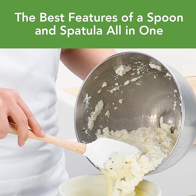 Tovolo Silicone Spoonula Silicone Spoon Spatula With Wooden Handle for Cooking Mixing Baking, Large Heat Resistant Multifunction Spatula Cooking Spoon Wood Handle Kitchen Utensil White