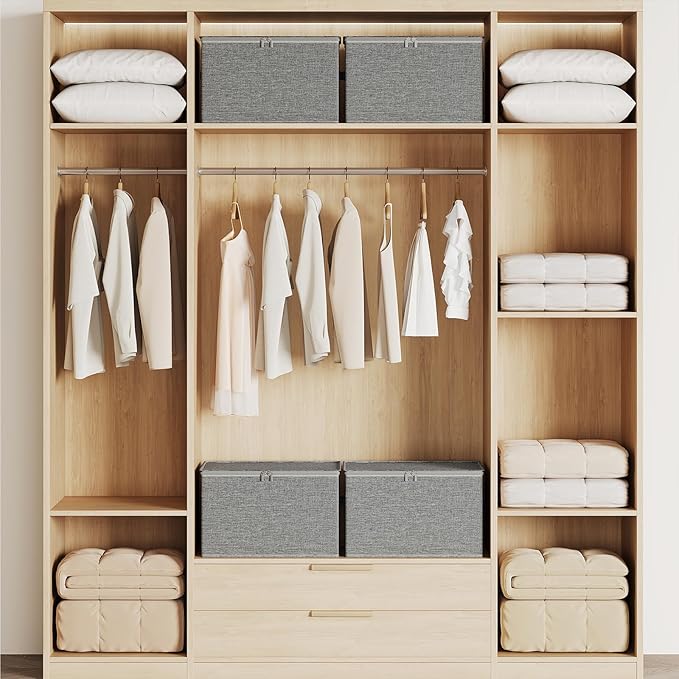 Clothes Storage Bins with Sturdy Frames, Foldable Fabric Clothing Organizer Box for Moving, Sweater Storage Cube with Lids and Zipper, Linen Closet Storage Bags for Blankets, Clothes, Sheet