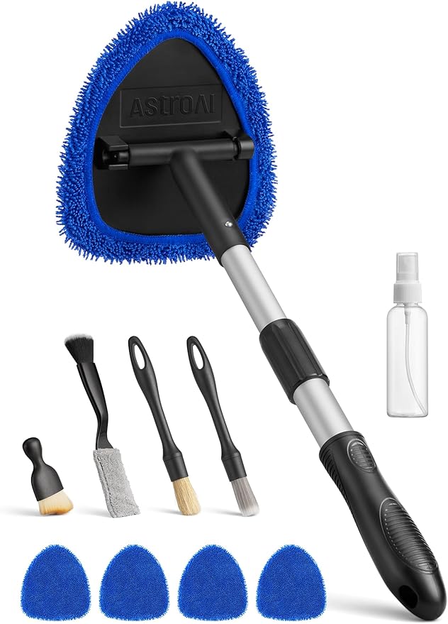 AstroAI 10pcs Windshield Cleaner Tool, Car Interior Detailing Kit with AC Vent Brush, 3 Cleaning Brushes, 4 Microfiber Pads and Spray Bottle, All-Inclusive Cleaning Solution, Car Accessories, Blue