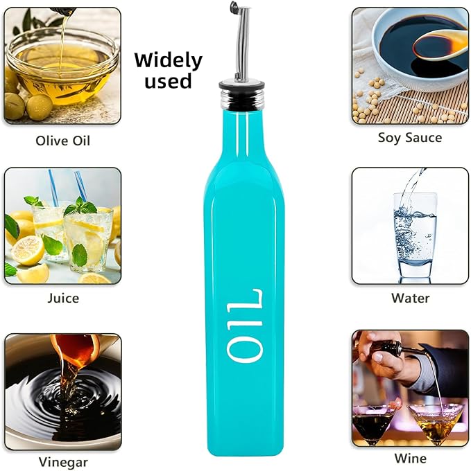 1 Pc 17oz Olive Dispenser Bottle,500ml Glass Oil and Vinegar Dispenser Set with 1 Stainless Steel Pourers,Funnel Bottles for Kitchen (Turquoise Oil)