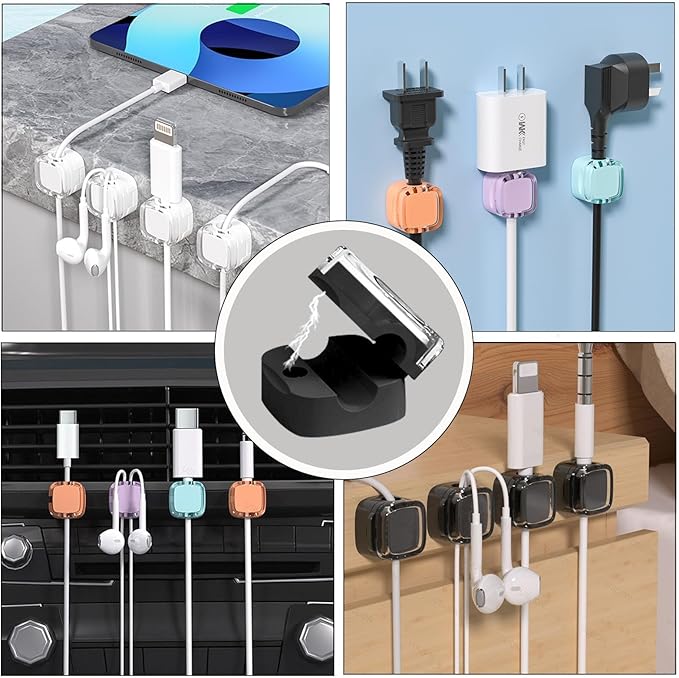 IFNOW 6 Pack Magnetic Cable Clips Cord Organizer Black Self Adhesive Cord Holder Under Desk Cable Management for Home, Office, Car,Desk, Nightstand