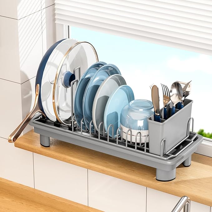 Compact Dish Drying Rack with Utensil Holder – Small Countertop Dish Drainer with 360° Rotating Drain Spout, Stainless Steel Dish Rack for Kitchen Sink, Space-Saving Design for Small Kitchen , Grey