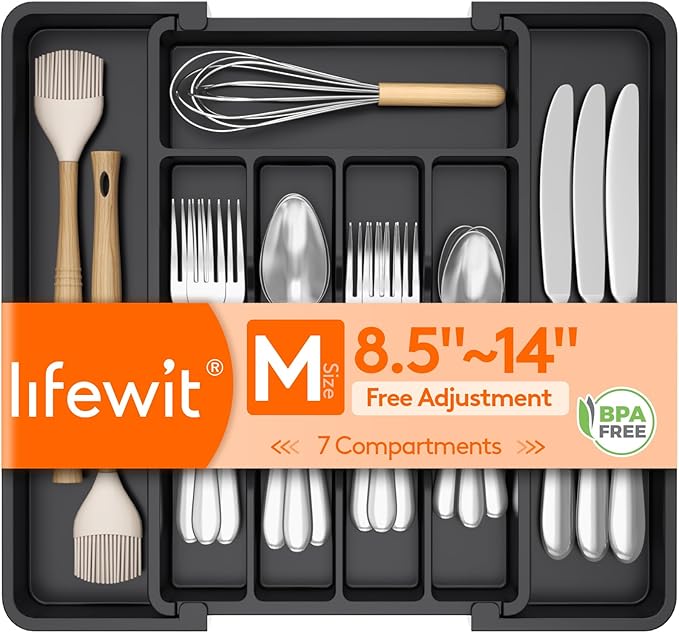 Lifewit Expandable Silverware Organizer, Plastic Utensil Tray for Kitchen Drawer, BPA Free Flatware Cutlery Holder, Space-Saving Storage for Spoons Forks Knives, 8.5-14 x 12 x 1.5 inch, Black