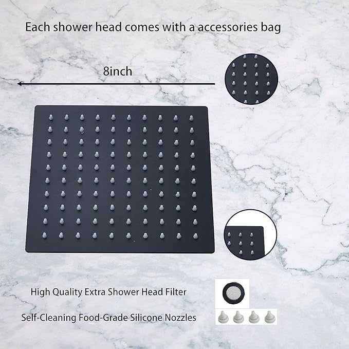 Black Shower Head GGStudy 6 inch Square Rain Shower Heads Stainless Steel High Pressure Ultra Thin Rainfall Bath Shower Self-cleaning Silicone Nozzle