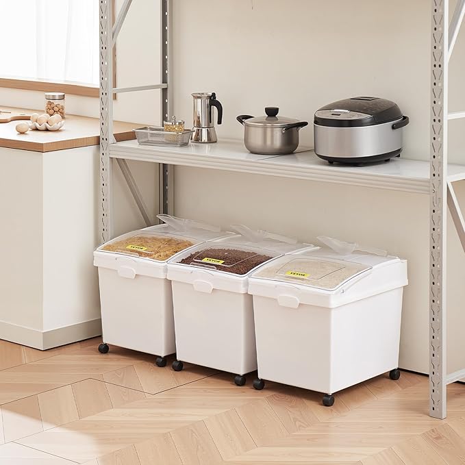 VEVOR Ingredient Bin, 10.5 Gallons Capacity Ingredient Storage Bin, PP Material Flour Bins On Wheels, White Shelf Ingredient Bin with Scoop and Sliding Lid, Commercial Storage Bins 3 Pcs/Set