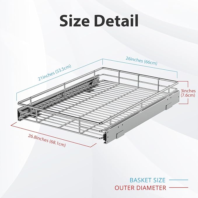 ZOINLIY Pull Out Cabinet Organizer, Versatile Slide Out Kitchen Organizers and Storage,Heavy Duty Drawer Cupboard Storage Basket, Smooth Sliding, Chrome Finish (26.8 * 21inch)