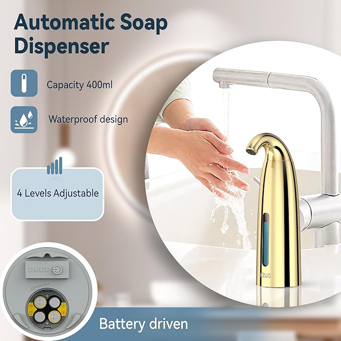 Automatic Soap Dispenser with Infrared Sensor - Adjustable 4-Level Touchless Hand Soap for Kitchen, Bathroom - Battery Operated Electric Dispenser, Durable Plastic, Smart Soap Holder (Battery Gold)