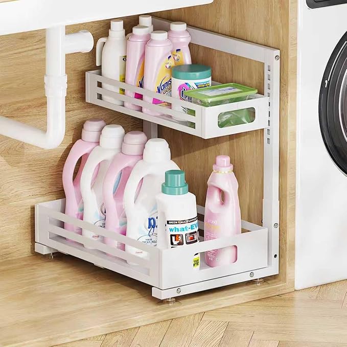 1 Pack Under Sink Organizer,Pull Out Cabinet Organizer with Smooth Cylindrical Rail,Metal Slide Out Drawer for Kitchen Bathroom Laundry Cabinet,8-Level Tool Free Height Adjustable-White