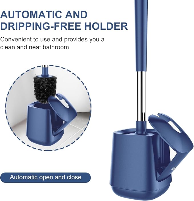 SetSail Toilet Brush and Holder, Self Closing Lid Toilet Bowl Brushes Holder and Extra Long Handle Ventilated Toilet Brush Set for Bathroom Cleaning, Nylon Bristles, Dark & Blue