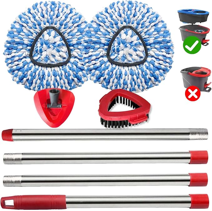 Spin Mop Replace Heads for O Cedar Rinse Clean 2 Tank System, Spin Mop Replacement Head 2 Microfiber Mop Refills, 1 Triangle Head Cover and 30-58in Handle 1 1Scrub Brush