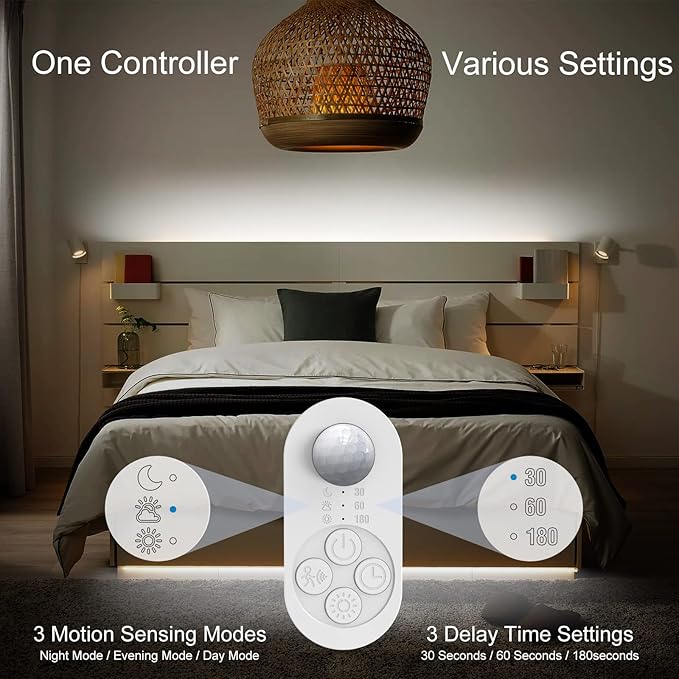 Motion Sensor Under Cabinet Light, Plug-in Under Cabinet Lighting with Dimmer, Delay Timer for Kitchen Cabinet, Pantry, Laundry, Bedroom, Stairway