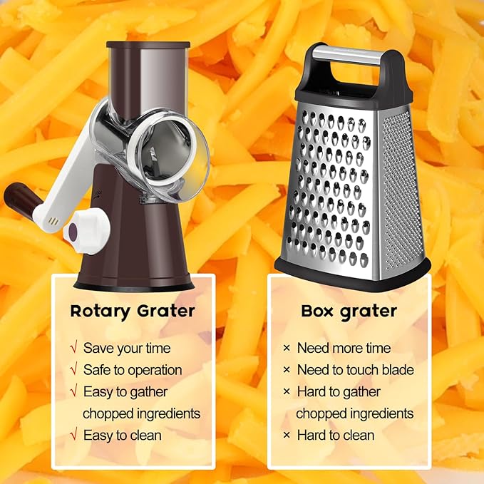 Ourokhome Rotary Cheese Grater Hand Crank, Kitchen Shredder Speed Mandolin Slicer Nut Grinder with Handle and Drum Blades for Cheese, Vegetable, Walnuts, Chocolate, Potato, Carrot,3 Blades, Coffee