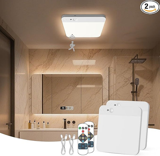 KINDEEP Motion Sensor Ceiling Light: Battery Operated Ceiling Light Wireless Indoor for Shower, Closets, Stairs, Hallway, Pantry, 3 Color Temperatures Dimmable, ‎White Shade 2 Pack
