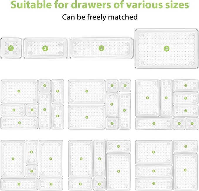 25 Piece Clear Drawer Organizer Set, 4 Sizes Bathroom Vanity Organizer Trays and Storage Bins for Makeup, Cosmetics, Jewelry, and Gadgets. Perfect for Office, Kitchen, Bedroom, Bathroom Use.