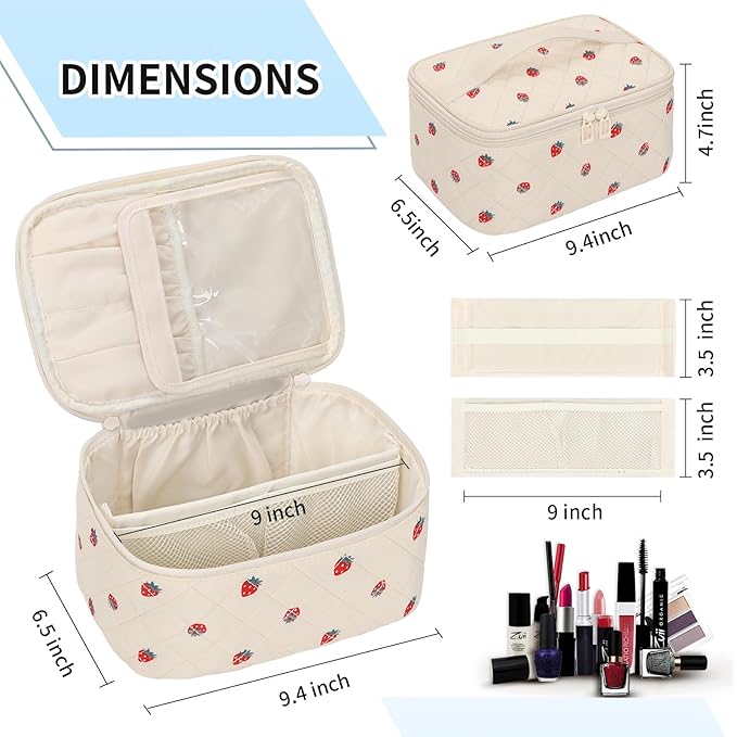 OCHEAL Makeup Bag,Travel Makeup Organizer Bag, Large Capacity Cosmetic Bags For Women Large Travel Toiletry Bag Girls Traveling With Brush Slot And Divider-Strawberry