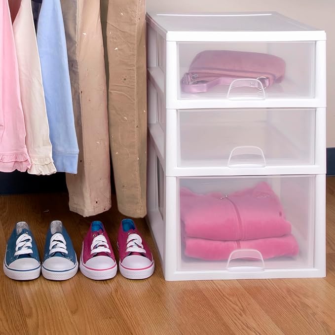 6-Pack 16 Quart Stacking Drawer, Clear Storage Closet Organizer, White Frame