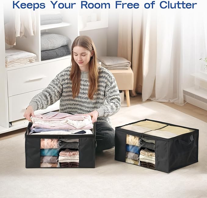 Clothes Storage Bags, Foldable Thick Fabric Blanket Storage Bags, Black, 4PACK