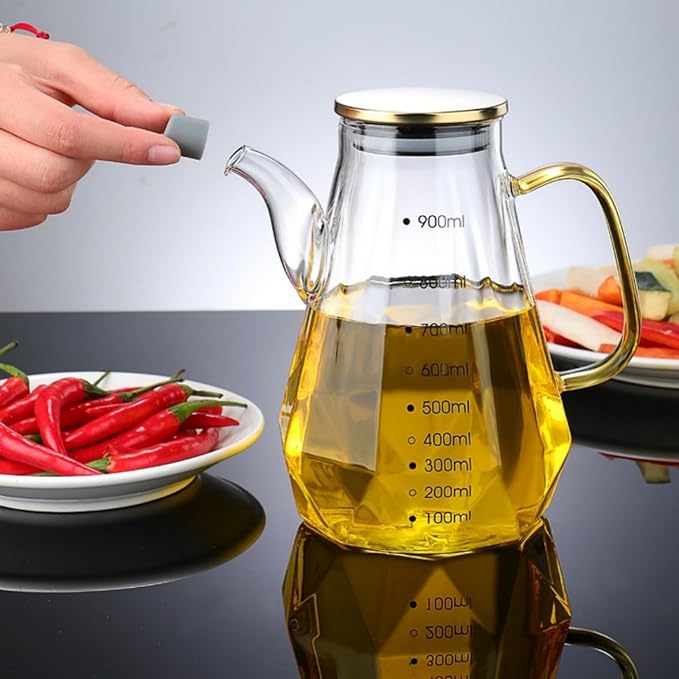 Glass Oil Dispenser Bottle - Glass Olive Oil Bottle for Kitchen, Wide Mouth Borosilicate Glass Cooking Oil Bottles with Lid and Handle (900ML)
