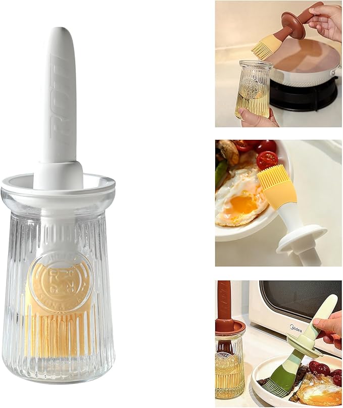 Oil Dispenser with Brush - Glass Olive Oil Dispenser for Kitchen, 3 IN 1 Oil Dispenser Bottle with Silicone Basting Brush for Cooking Vinegar Sauce BBQ Grill Frying (White)