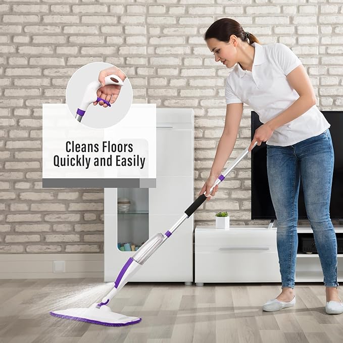 Spray Mops for Floor Cleaning Floor Mop with a Refillable Spray Bottle and 3 Washable Microfiber Pads Home or Commercial Use Dry Wet Flat Mop for Hardwood Laminate Wood (Purple)