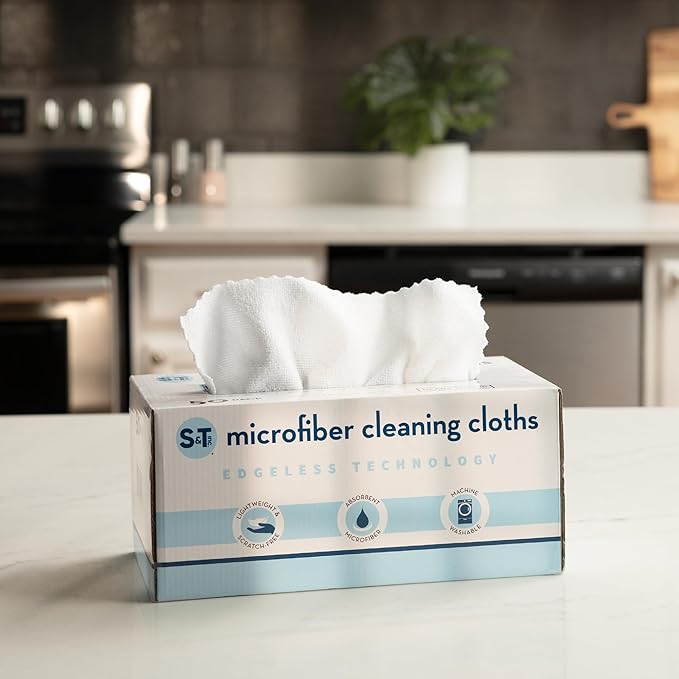 S&T INC. 50 Pack Microfiber Cleaning Cloth with Box, Bulk Towels for Home, Reusable Microfiber Towels for Cars, Cleaning Rags, White, 190gsm, 11.8 Inches x 11.8 Inches, 50 Count