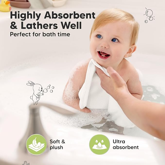 6-Pack Baby Washcloths – Soft Absorbent Viscose from Bamboo Washcloths for Face, Body, Baby Towels for Newborn, Kids, Toddlers, Infant, Gentle on Sensitive Skin, 10x10 Reusable Face Towels (White)