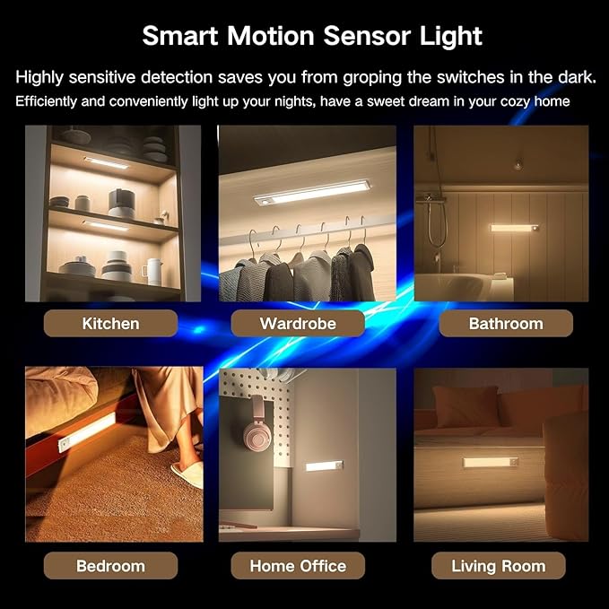 Motion Sensor Under Cabinet Lighting-Magnetic Rechargeable Closet Lights for Kitchen,Stairs,Wardrobe | 3-Color Dimmable LED Under Counter Lighting | Pro Battery Upgrade (2, 8 inch)