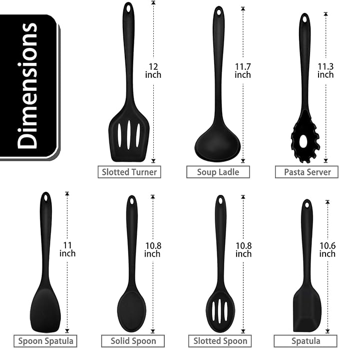 P&P CHEF Silicone Cooking Utensils Set of 7, Heat-proof Kitchen Utensils Set for Nonstick Cookware, Non-stick Spatula, Slotted Turner, Soup Ladle, Pasta Server, Spoon for Cooking Serving - Black