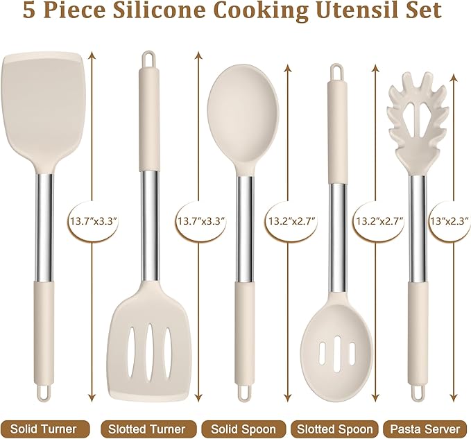 TeamFar Cooking Utensils Set, 5 PCS Silicone Kitchen Utensils with Stainless Steel Handle for Nonstick Cookware Turning Flipping Frying Draining, Heatproof & Healthy, Nonstick & Easy Clean, Khaki